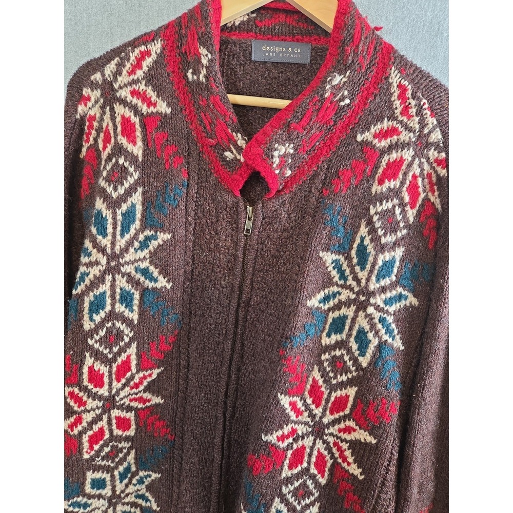Lane Bryant 3X Cardigan Sweater Fair Isle Nordic Wool Zip Embroidered Old Money